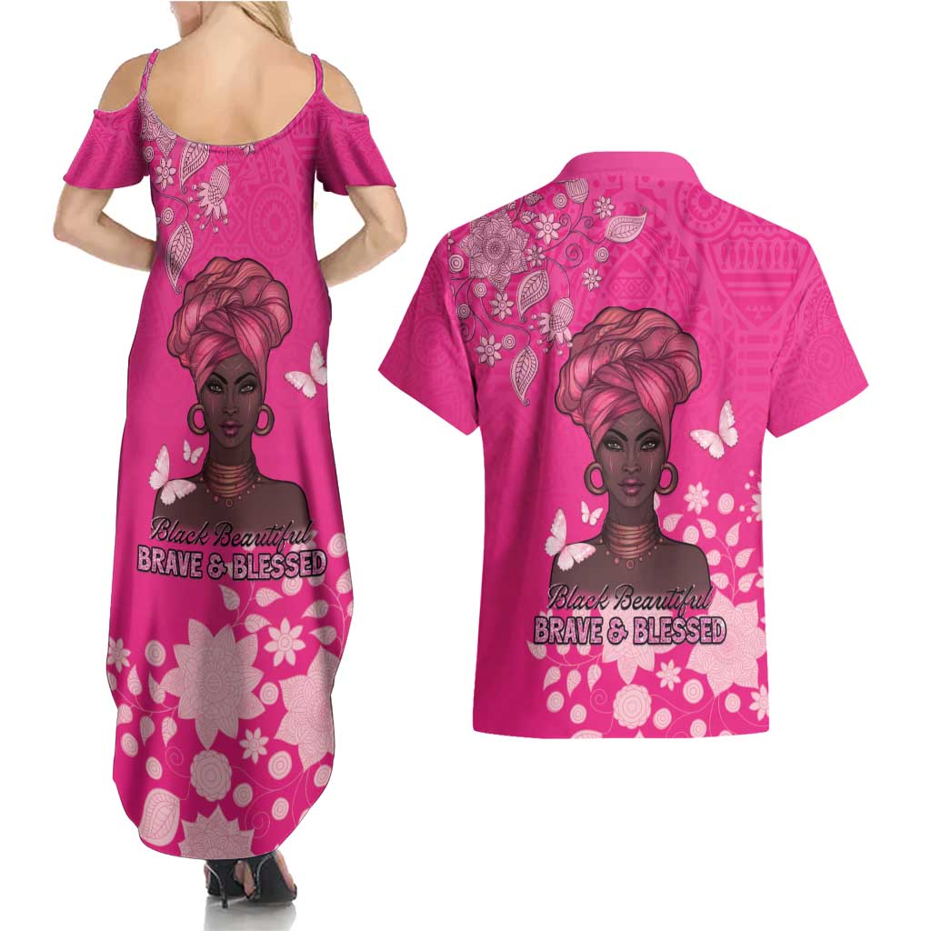 African Women Couples Matching Summer Maxi Dress and Hawaiian Shirt Black Beautiful Brave and Bressed - Pink Color - Wonder Print Shop
