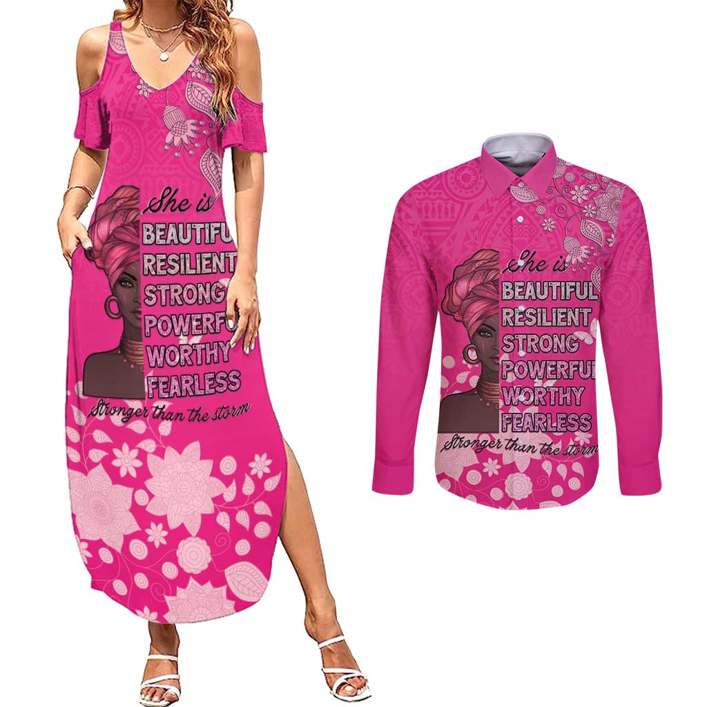 African Women Couples Matching Summer Maxi Dress and Long Sleeve Button Shirt Black Beautiful Brave and Bressed - Pink Color - Wonder Print Shop