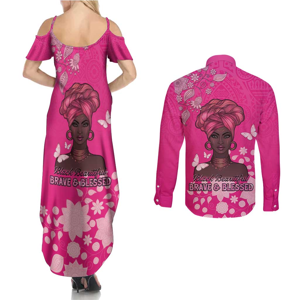 African Women Couples Matching Summer Maxi Dress and Long Sleeve Button Shirt Black Beautiful Brave and Bressed - Pink Color - Wonder Print Shop