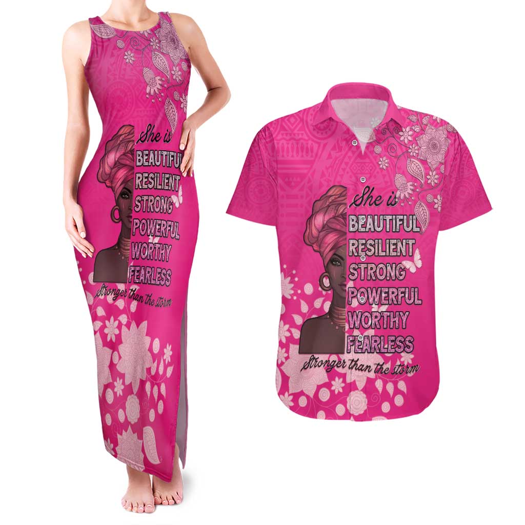 African Women Couples Matching Tank Maxi Dress and Hawaiian Shirt Black Beautiful Brave and Bressed - Pink Color - Wonder Print Shop