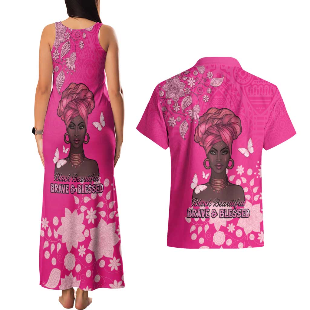 African Women Couples Matching Tank Maxi Dress and Hawaiian Shirt Black Beautiful Brave and Bressed - Pink Color - Wonder Print Shop