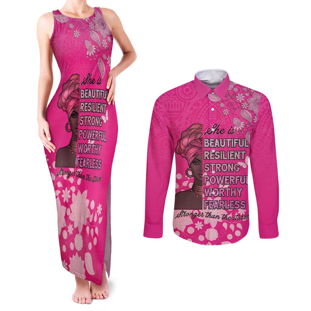 African Women Couples Matching Tank Maxi Dress and Long Sleeve Button Shirt Black Beautiful Brave and Bressed - Pink Color - Wonder Print Shop