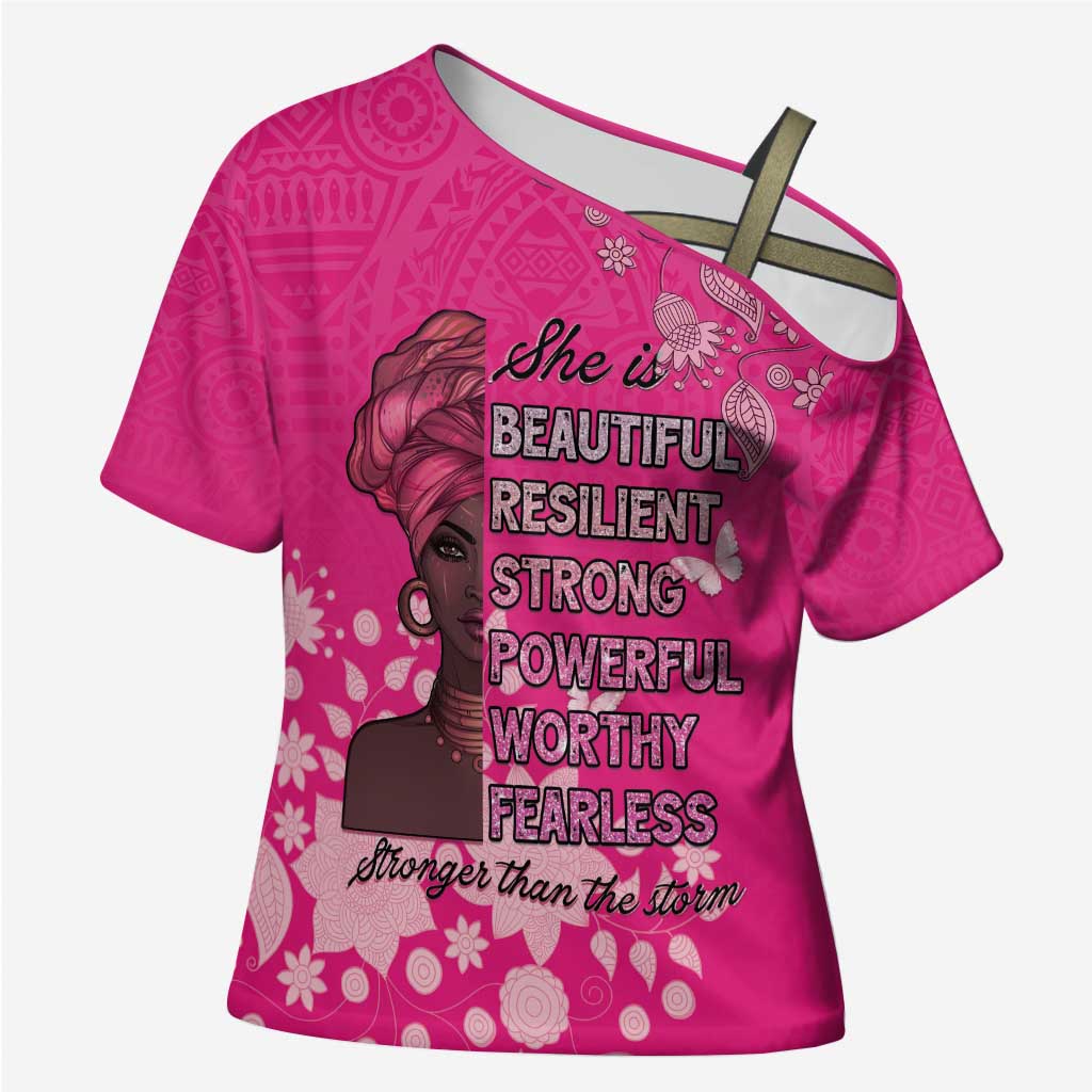 African Women Cross Shoulder Shirt Black Beautiful Brave and Bressed - Pink Color - Wonder Print Shop