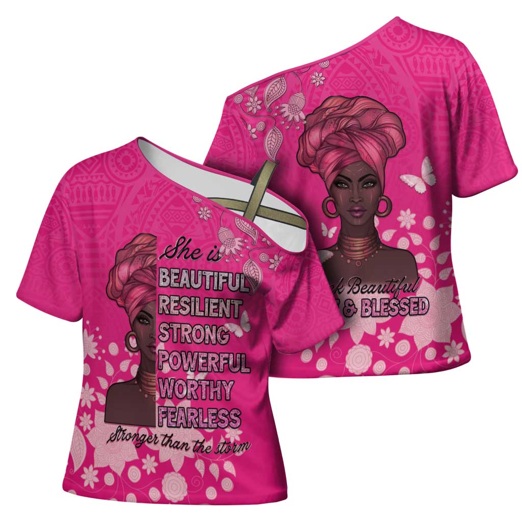 African Women Cross Shoulder Shirt Black Beautiful Brave and Bressed - Pink Color - Wonder Print Shop