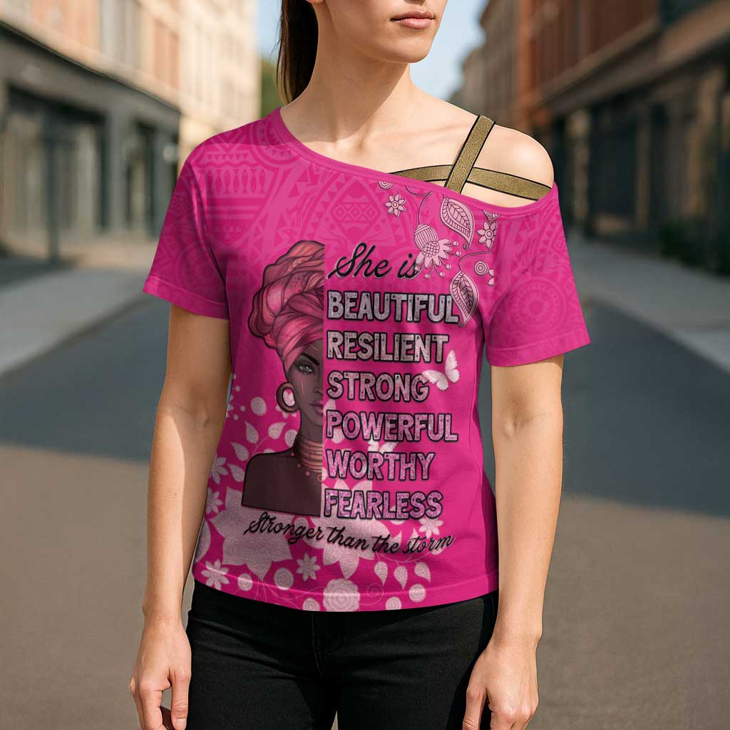 African Women Cross Shoulder Shirt Black Beautiful Brave and Bressed - Pink Color - Wonder Print Shop