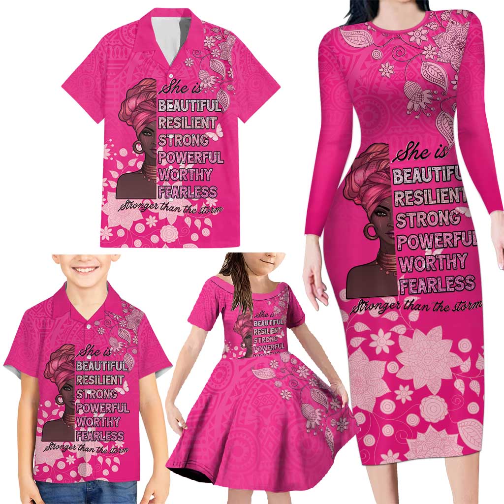 African Women Family Matching Long Sleeve Bodycon Dress and Hawaiian Shirt Black Beautiful Brave and Bressed - Pink Color - Wonder Print Shop