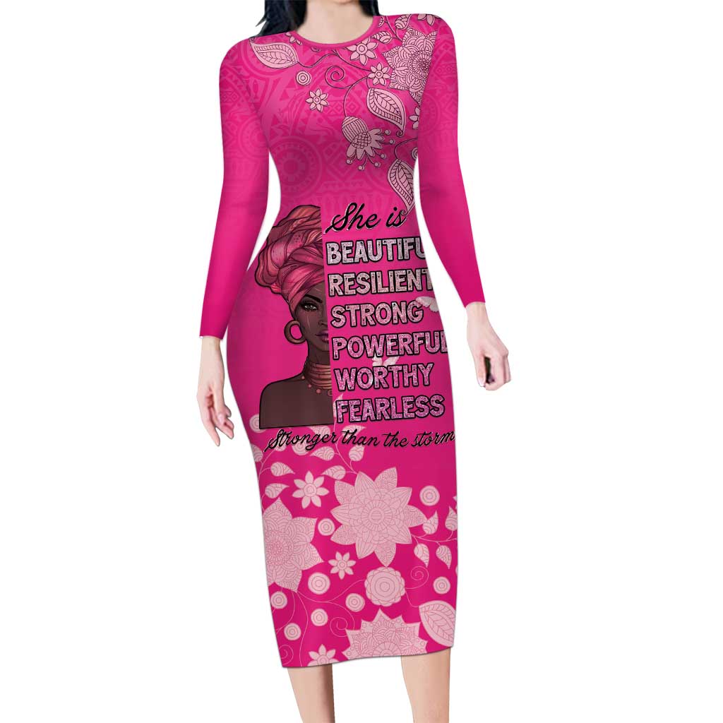 African Women Family Matching Long Sleeve Bodycon Dress and Hawaiian Shirt Black Beautiful Brave and Bressed - Pink Color - Wonder Print Shop