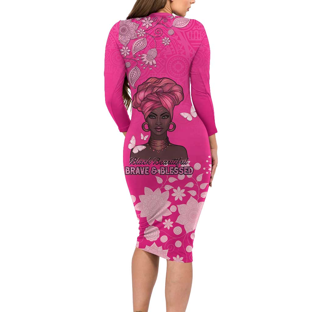 African Women Family Matching Long Sleeve Bodycon Dress and Hawaiian Shirt Black Beautiful Brave and Bressed - Pink Color - Wonder Print Shop