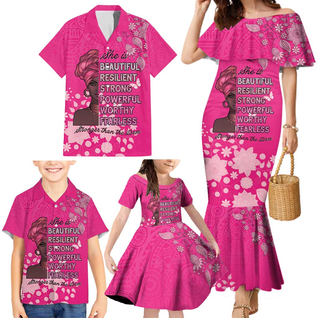 African Women Family Matching Mermaid Dress and Hawaiian Shirt Black Beautiful Brave and Bressed - Pink Color - Wonder Print Shop