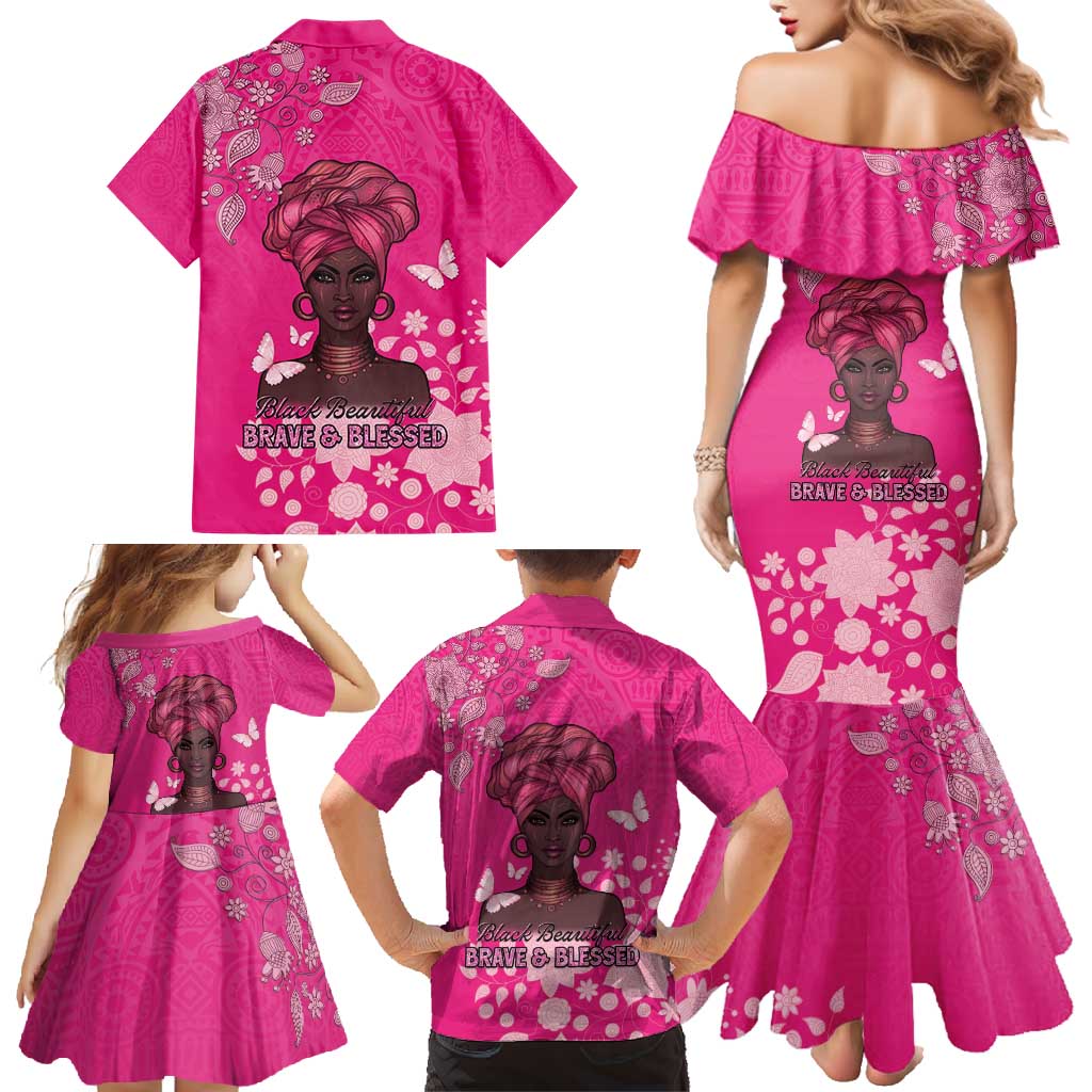 African Women Family Matching Mermaid Dress and Hawaiian Shirt Black Beautiful Brave and Bressed - Pink Color - Wonder Print Shop
