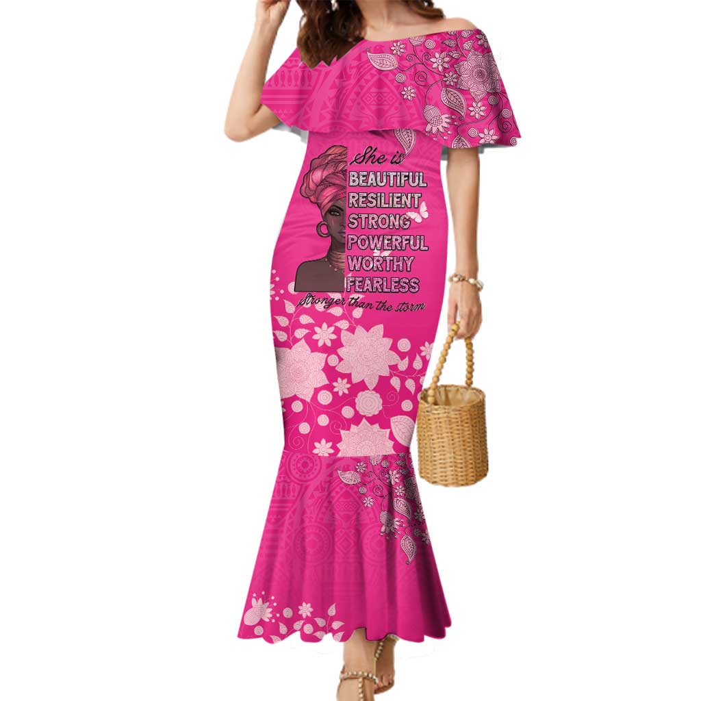 African Women Family Matching Mermaid Dress and Hawaiian Shirt Black Beautiful Brave and Bressed - Pink Color - Wonder Print Shop