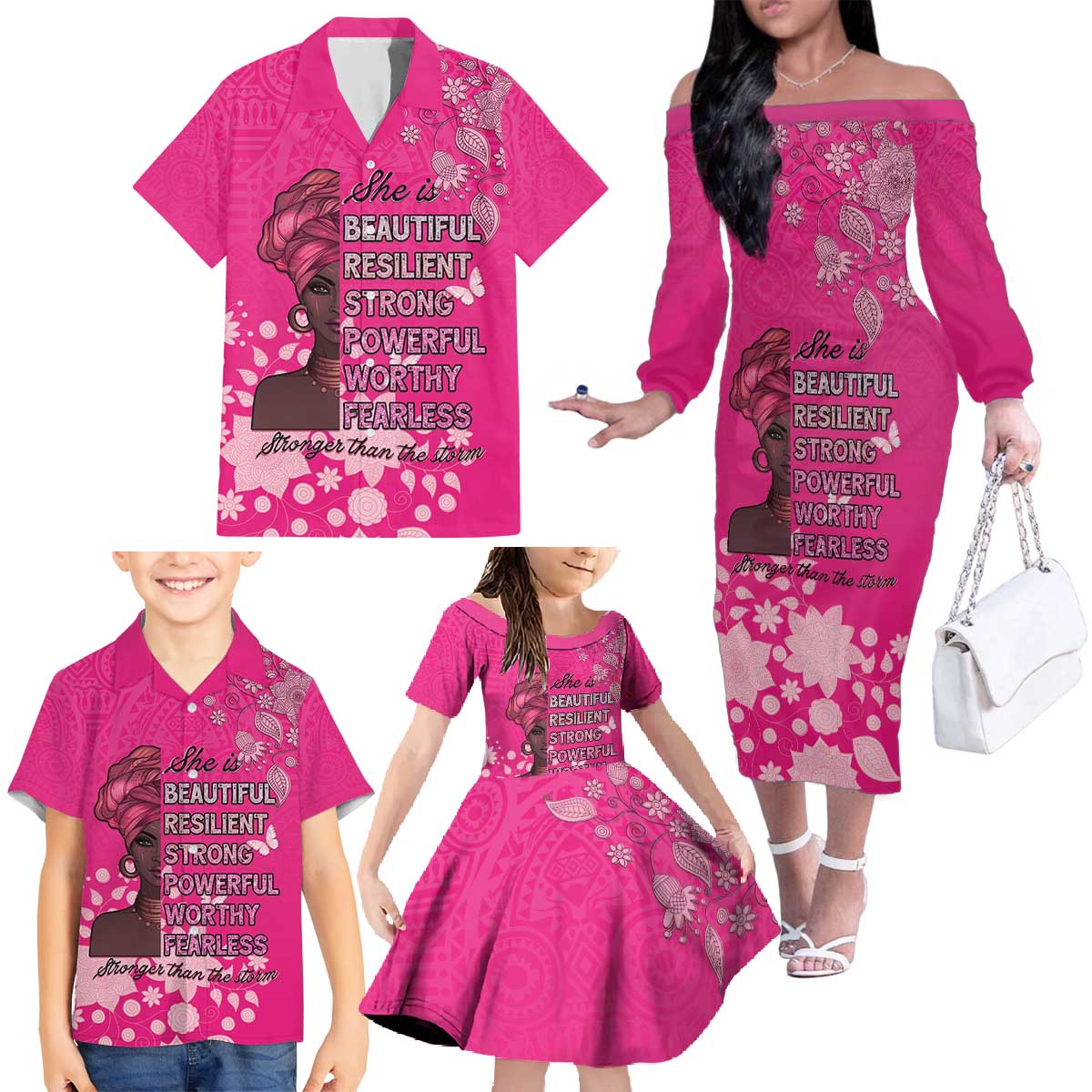 African Women Family Matching Off The Shoulder Long Sleeve Dress and Hawaiian Shirt Black Beautiful Brave and Bressed - Pink Color - Wonder Print Shop