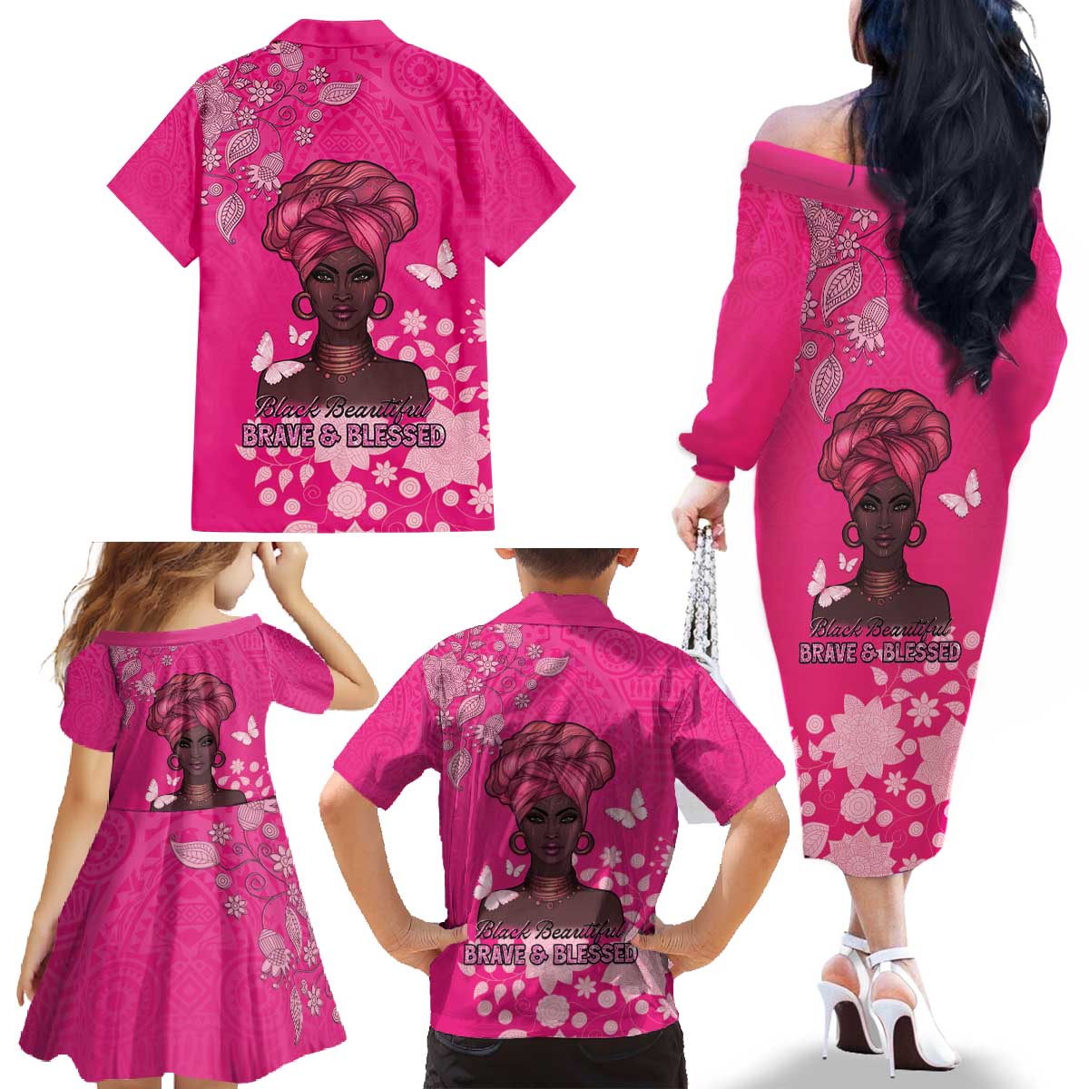 African Women Family Matching Off The Shoulder Long Sleeve Dress and Hawaiian Shirt Black Beautiful Brave and Bressed - Pink Color - Wonder Print Shop