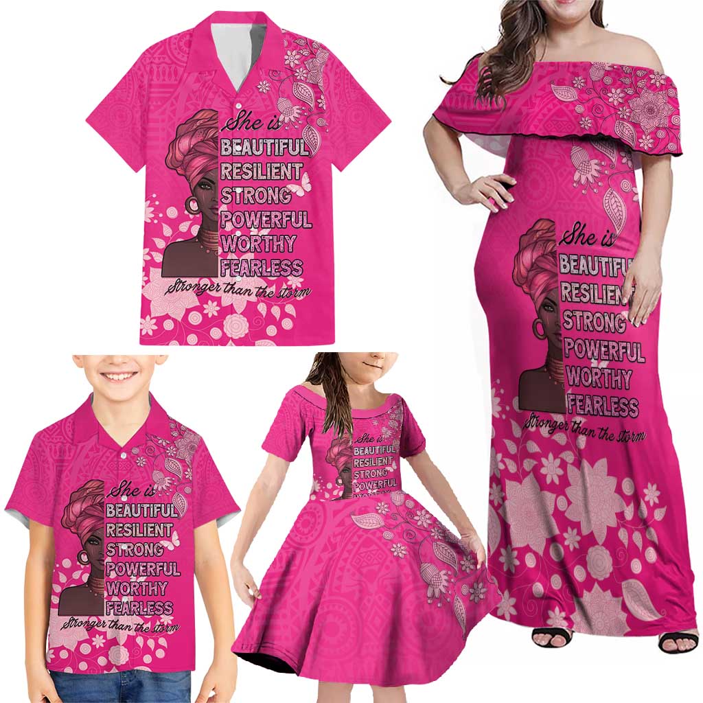 African Women Family Matching Off Shoulder Maxi Dress and Hawaiian Shirt Black Beautiful Brave and Bressed - Pink Color - Wonder Print Shop