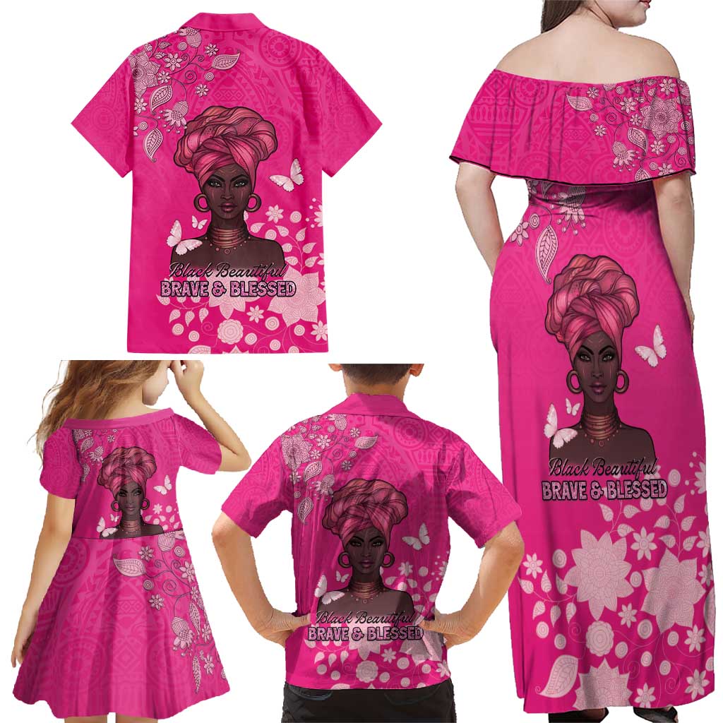 African Women Family Matching Off Shoulder Maxi Dress and Hawaiian Shirt Black Beautiful Brave and Bressed - Pink Color - Wonder Print Shop