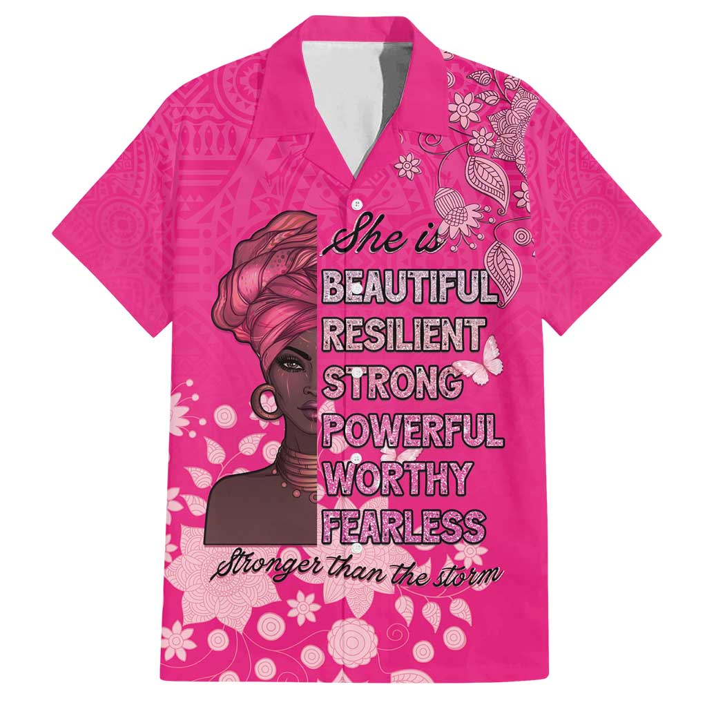 African Women Family Matching Off Shoulder Maxi Dress and Hawaiian Shirt Black Beautiful Brave and Bressed - Pink Color - Wonder Print Shop