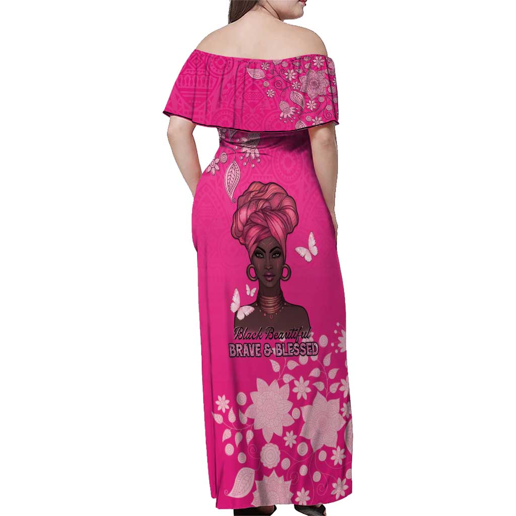 African Women Family Matching Off Shoulder Maxi Dress and Hawaiian Shirt Black Beautiful Brave and Bressed - Pink Color - Wonder Print Shop