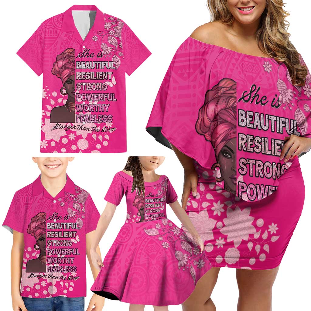 African Women Family Matching Off Shoulder Short Dress and Hawaiian Shirt Black Beautiful Brave and Bressed - Pink Color - Wonder Print Shop