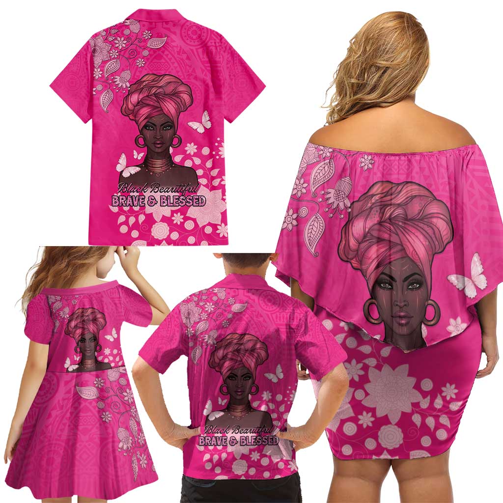 African Women Family Matching Off Shoulder Short Dress and Hawaiian Shirt Black Beautiful Brave and Bressed - Pink Color - Wonder Print Shop