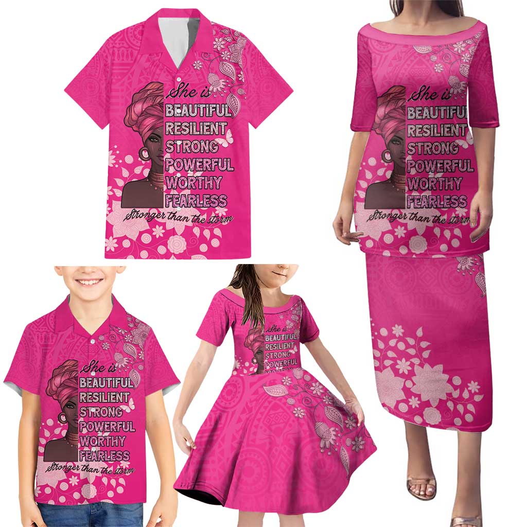African Women Family Matching Puletasi and Hawaiian Shirt Black Beautiful Brave and Bressed - Pink Color - Wonder Print Shop