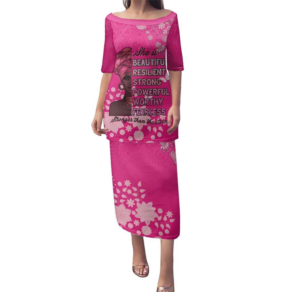 African Women Family Matching Puletasi and Hawaiian Shirt Black Beautiful Brave and Bressed - Pink Color - Wonder Print Shop