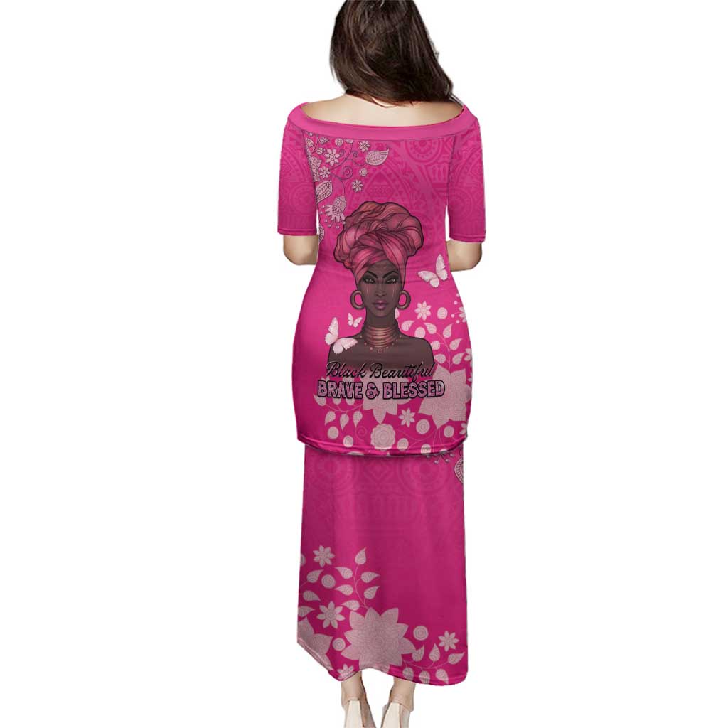 African Women Family Matching Puletasi and Hawaiian Shirt Black Beautiful Brave and Bressed - Pink Color - Wonder Print Shop