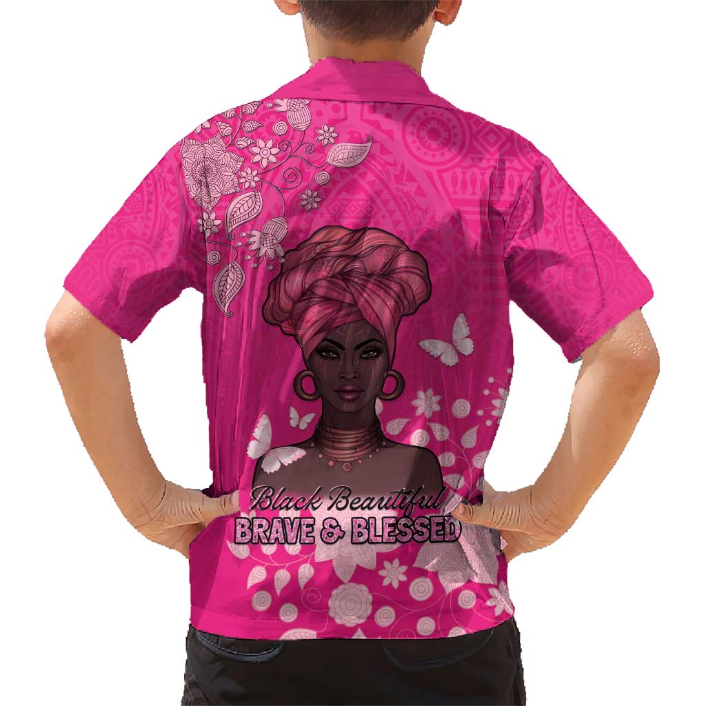 African Women Family Matching Short Sleeve Bodycon Dress and Hawaiian Shirt Black Beautiful Brave and Bressed - Pink Color - Wonder Print Shop