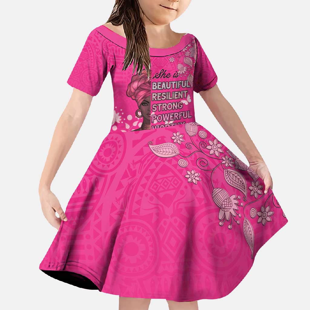 African Women Family Matching Short Sleeve Bodycon Dress and Hawaiian Shirt Black Beautiful Brave and Bressed - Pink Color - Wonder Print Shop