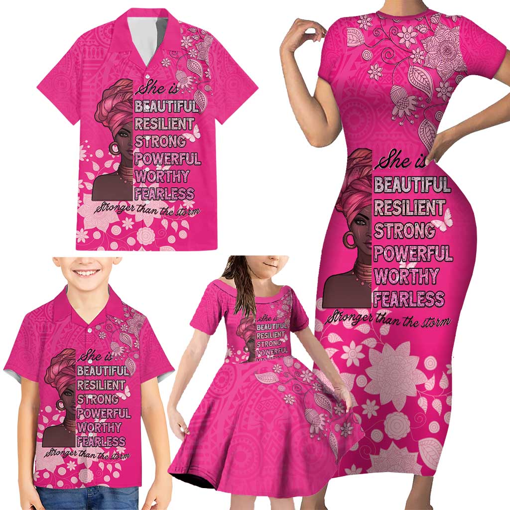 African Women Family Matching Short Sleeve Bodycon Dress and Hawaiian Shirt Black Beautiful Brave and Bressed - Pink Color - Wonder Print Shop