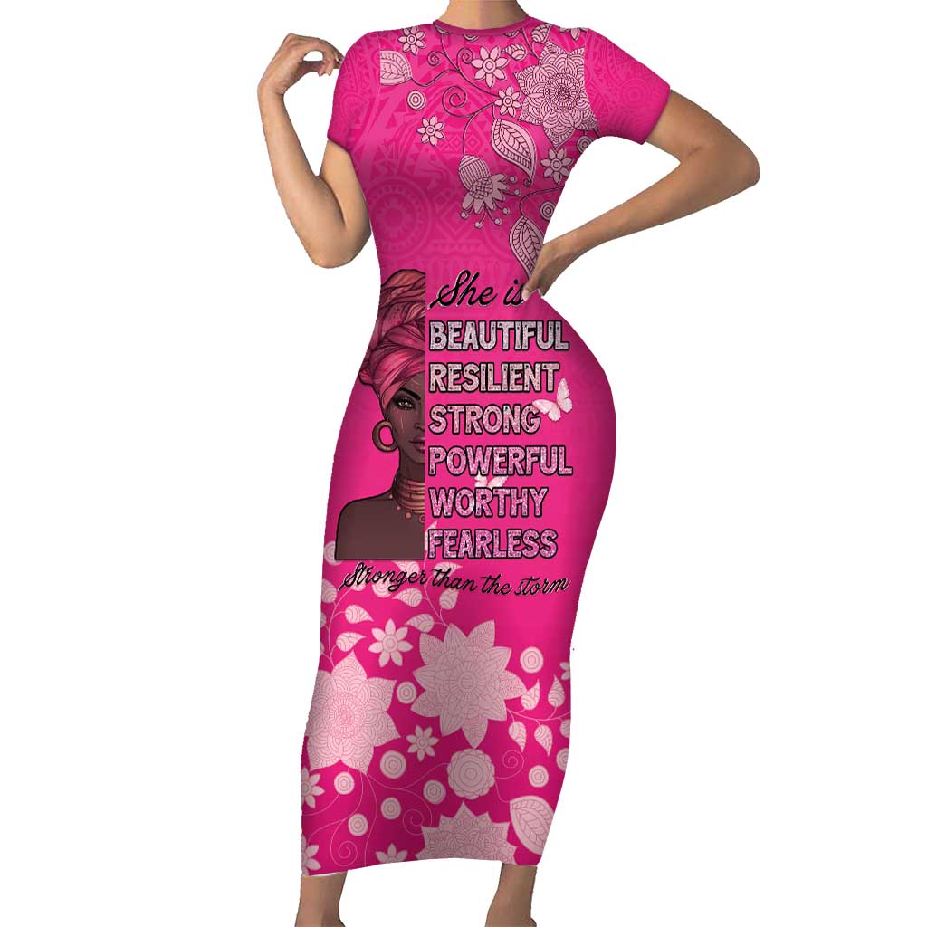 African Women Family Matching Short Sleeve Bodycon Dress and Hawaiian Shirt Black Beautiful Brave and Bressed - Pink Color - Wonder Print Shop