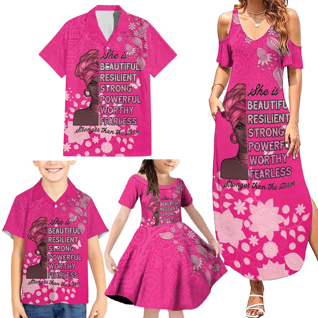 African Women Family Matching Summer Maxi Dress and Hawaiian Shirt Black Beautiful Brave and Bressed - Pink Color - Wonder Print Shop