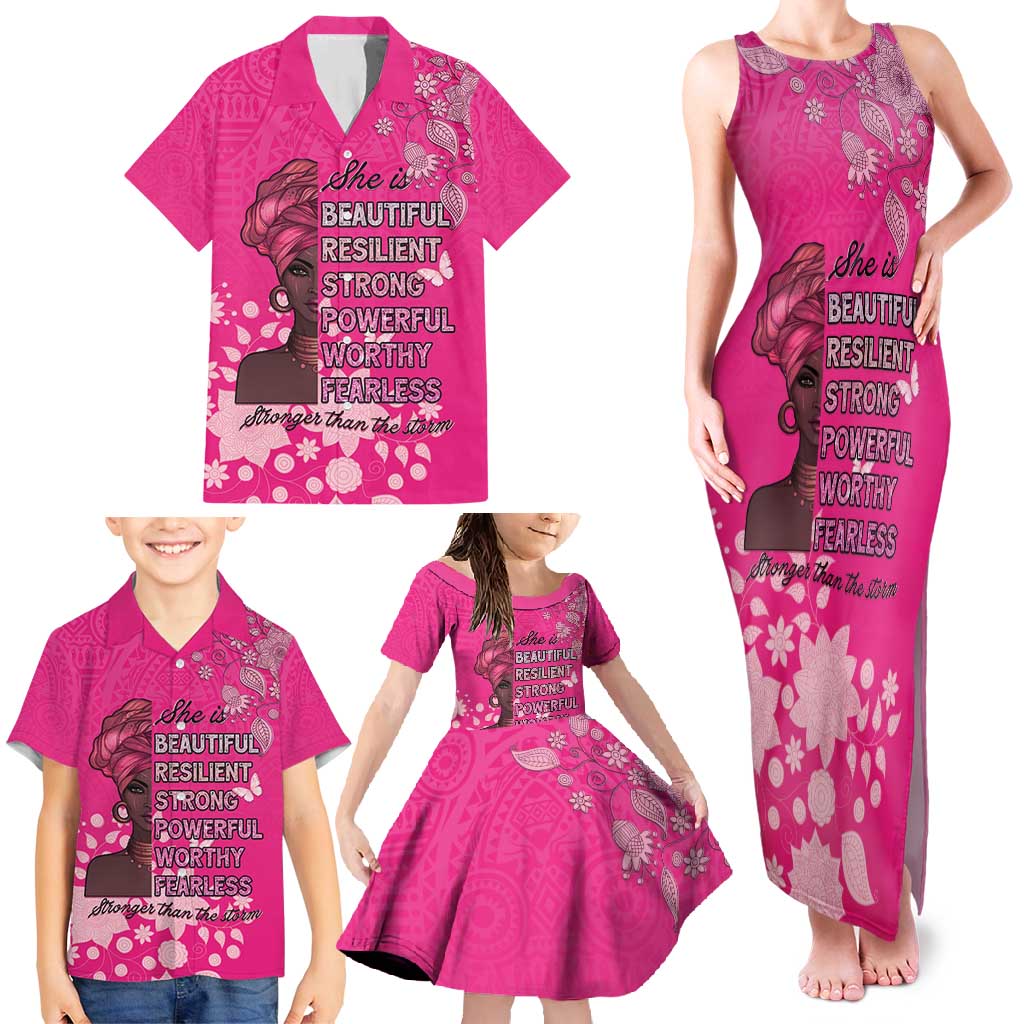 African Women Family Matching Tank Maxi Dress and Hawaiian Shirt Black Beautiful Brave and Bressed - Pink Color - Wonder Print Shop