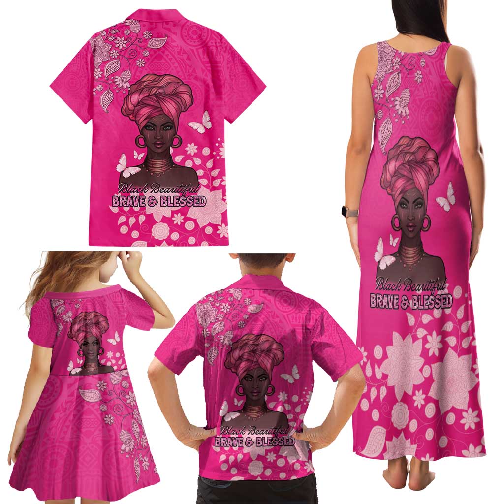African Women Family Matching Tank Maxi Dress and Hawaiian Shirt Black Beautiful Brave and Bressed - Pink Color - Wonder Print Shop