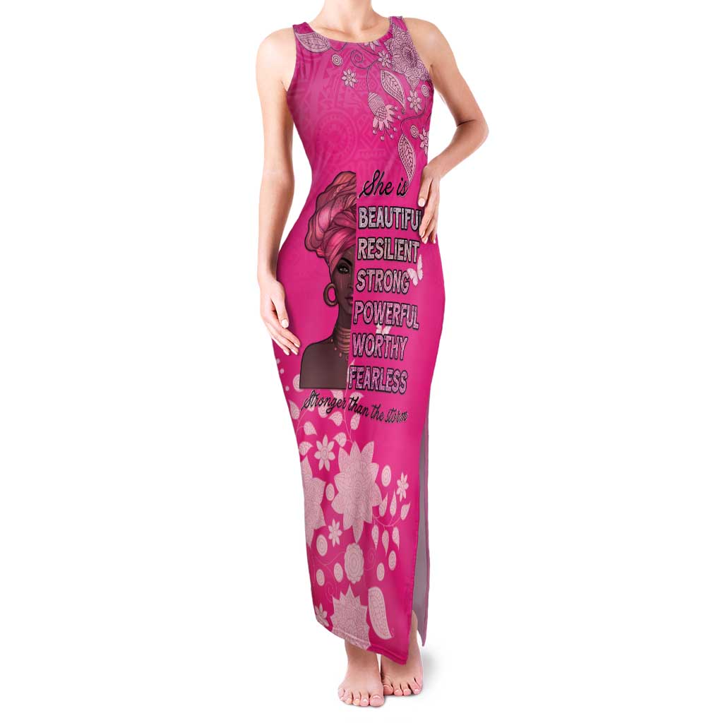 African Women Family Matching Tank Maxi Dress and Hawaiian Shirt Black Beautiful Brave and Bressed - Pink Color - Wonder Print Shop