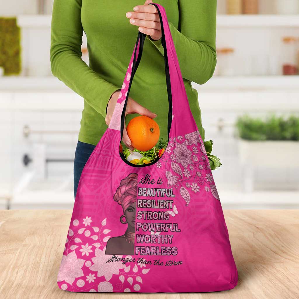 African Women Grocery Bag Black Beautiful Brave and Bressed - Pink Color - Wonder Print Shop