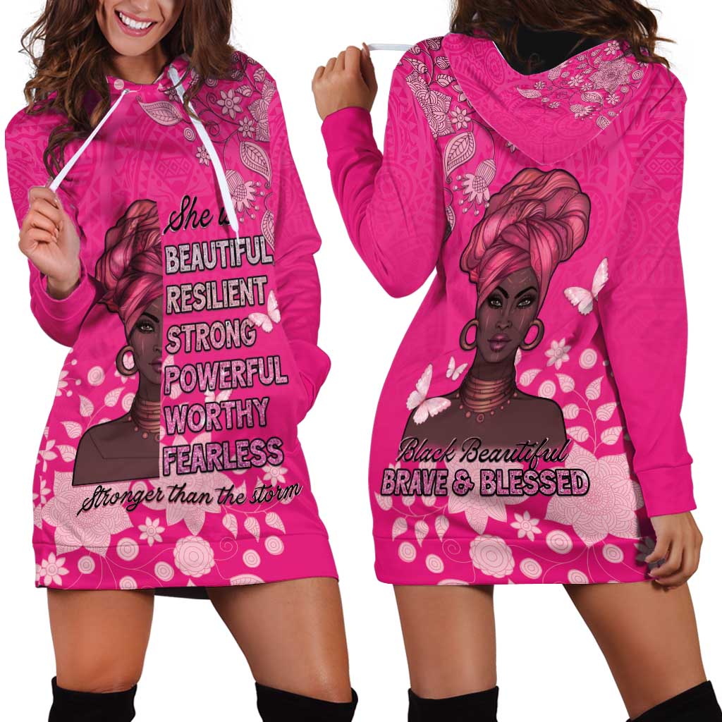 African Women Hoodie Dress Black Beautiful Brave and Bressed - Pink Color - Wonder Print Shop