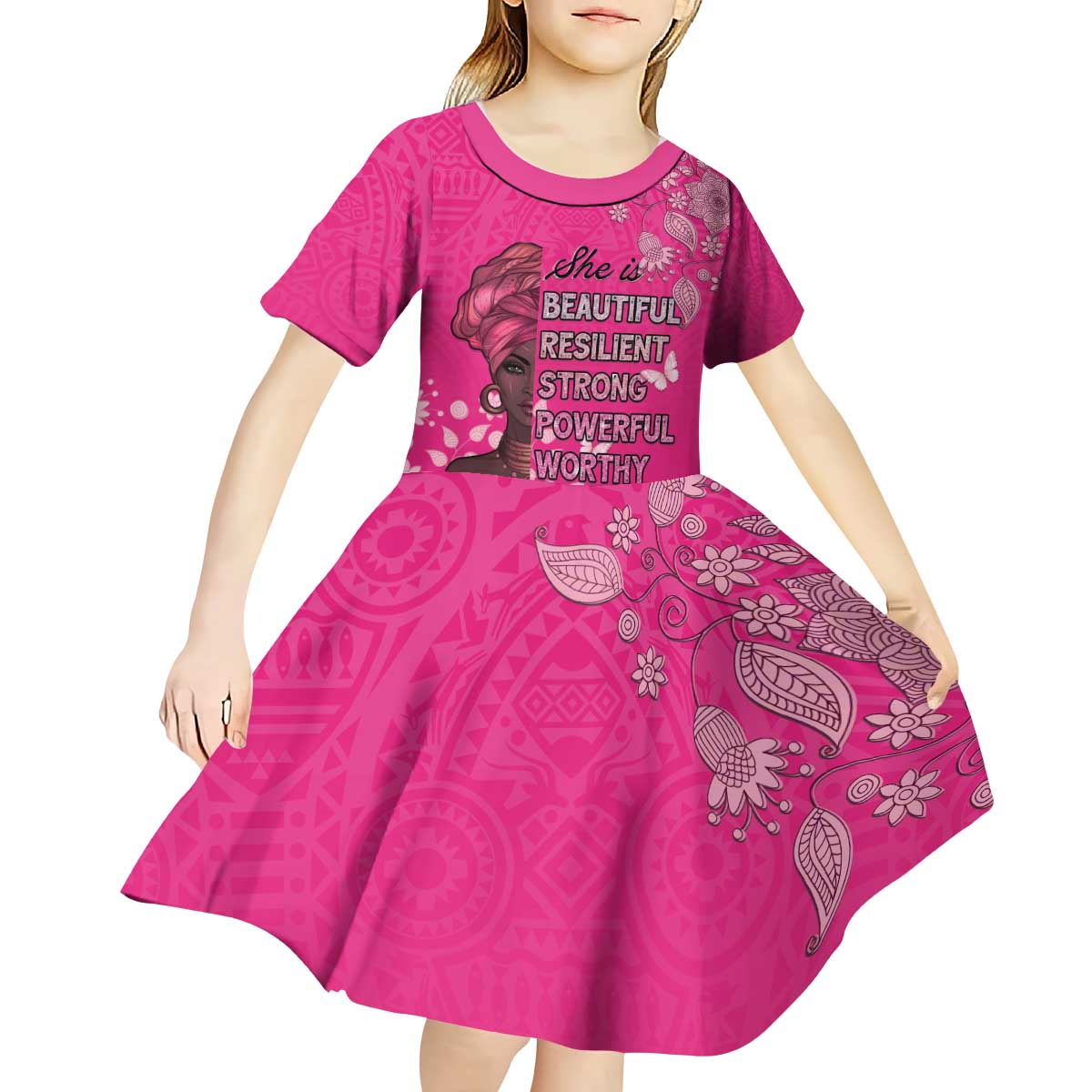 African Women Kid Short Sleeve Dress Black Beautiful Brave and Bressed - Pink Color - Wonder Print Shop