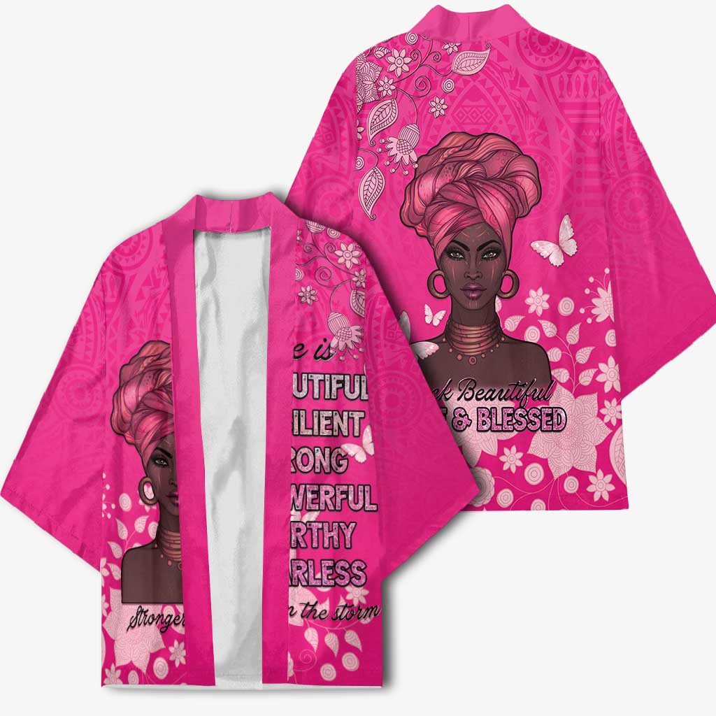 African Women Kimono Black Beautiful Brave and Bressed - Pink Color - Wonder Print Shop