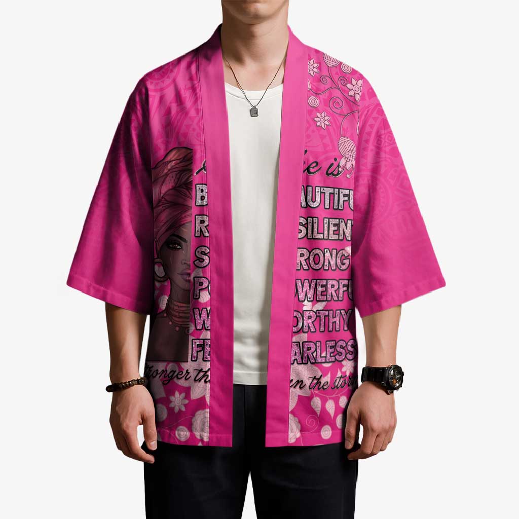 African Women Kimono Black Beautiful Brave and Bressed - Pink Color - Wonder Print Shop