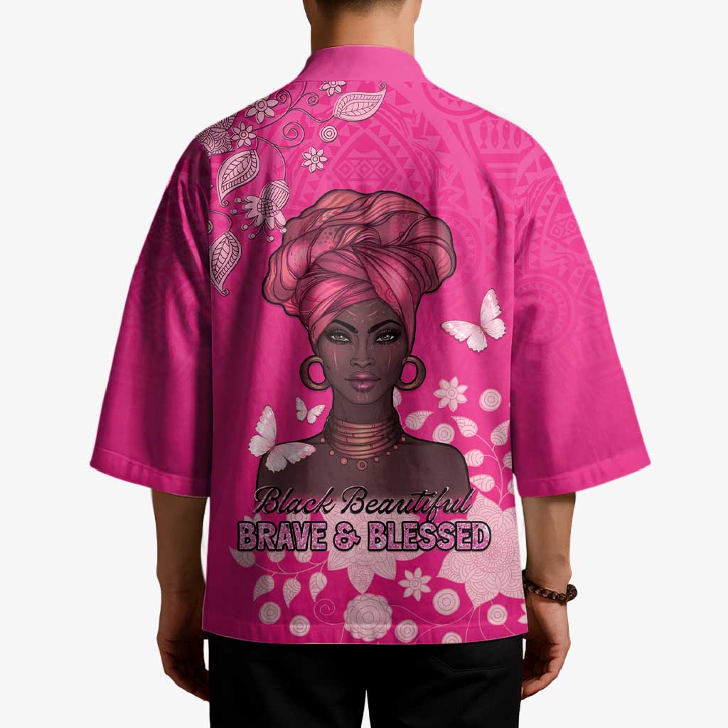 African Women Kimono Black Beautiful Brave and Bressed - Pink Color - Wonder Print Shop