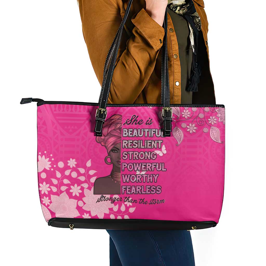African Women Leather Tote Bag Black Beautiful Brave and Bressed - Pink Color - Wonder Print Shop