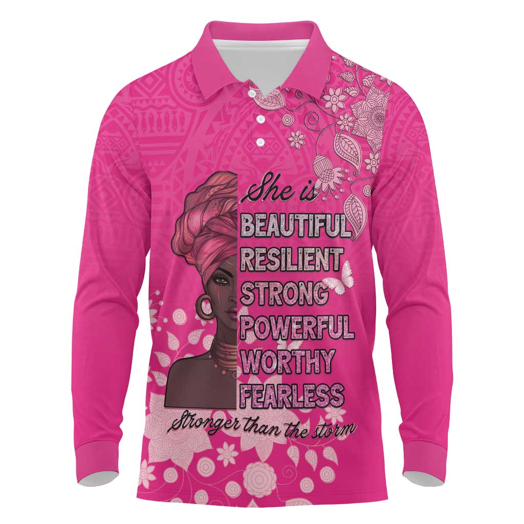 African Women Long Sleeve Polo Shirt Black Beautiful Brave and Bressed - Pink Color - Wonder Print Shop