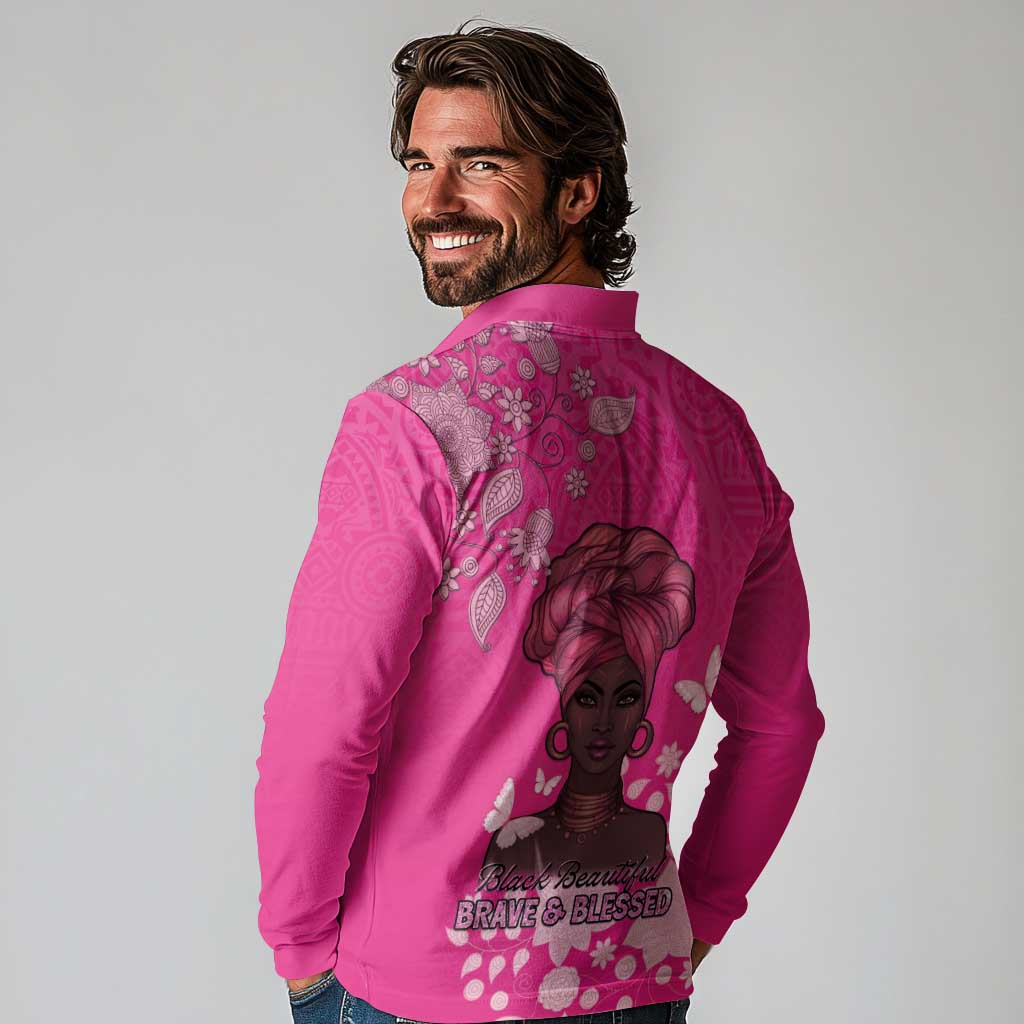 African Women Long Sleeve Polo Shirt Black Beautiful Brave and Bressed - Pink Color - Wonder Print Shop