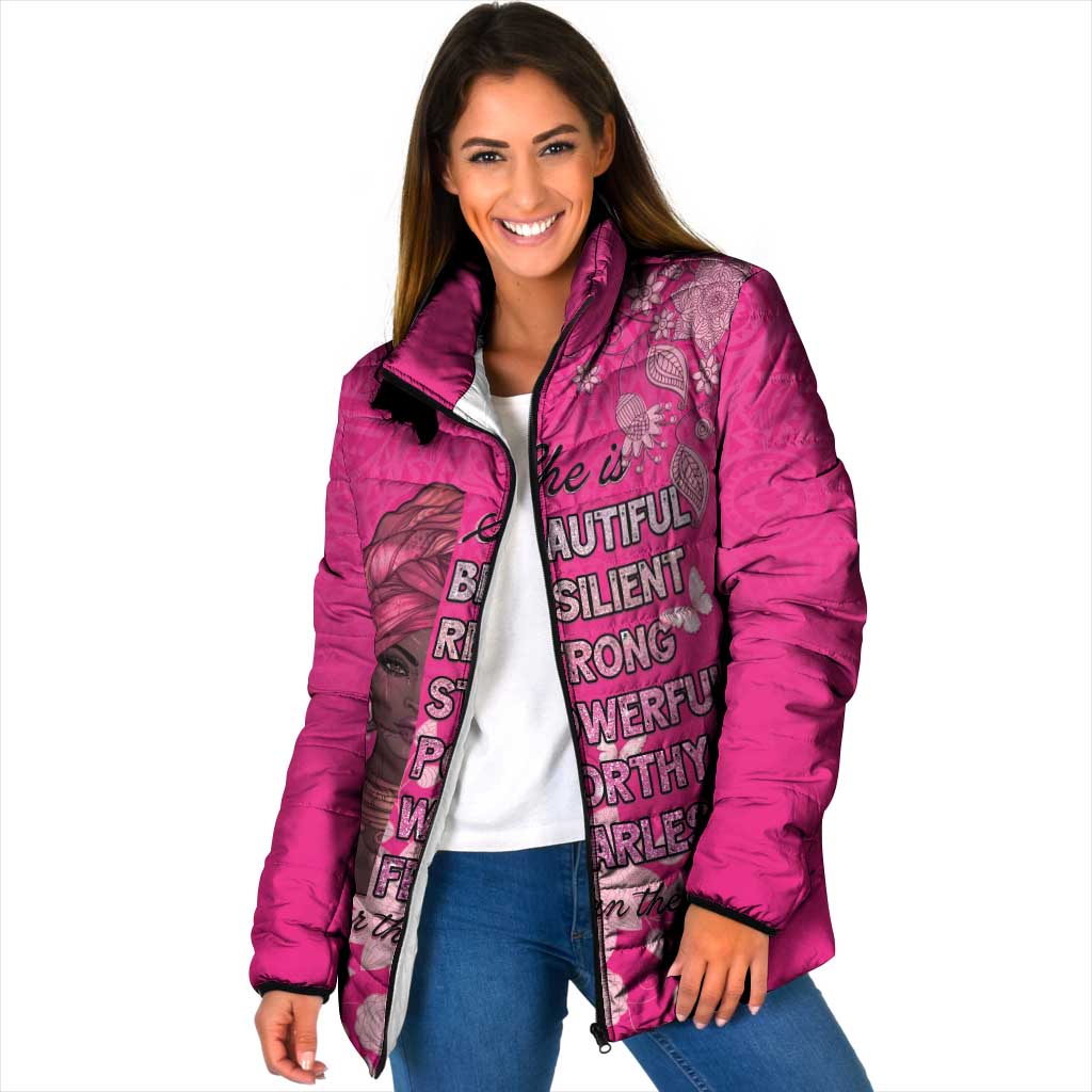 African Women Padded Jacket Black Beautiful Brave and Bressed - Pink Color - Wonder Print Shop