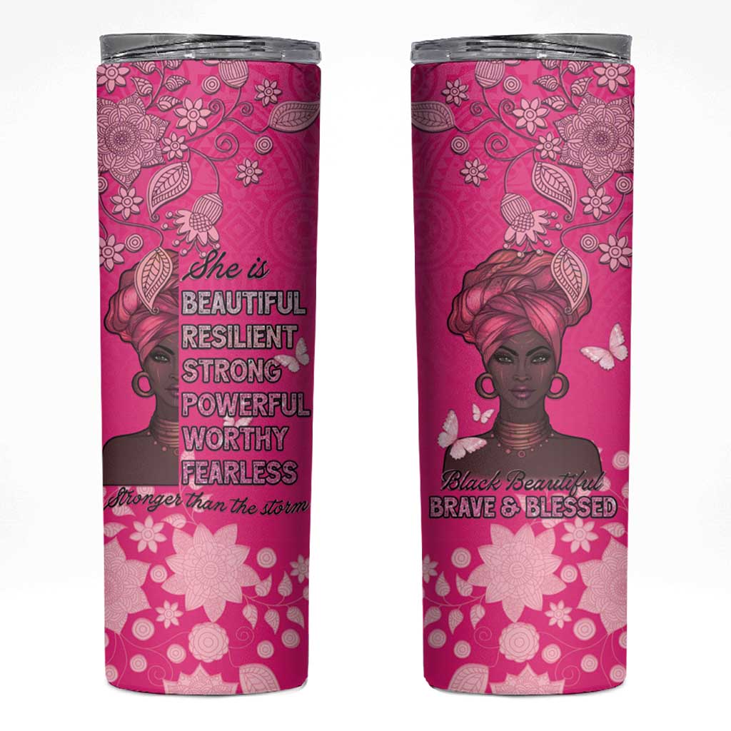African Women Skinny Tumbler Black Beautiful Brave and Bressed - Pink Color - Wonder Print Shop