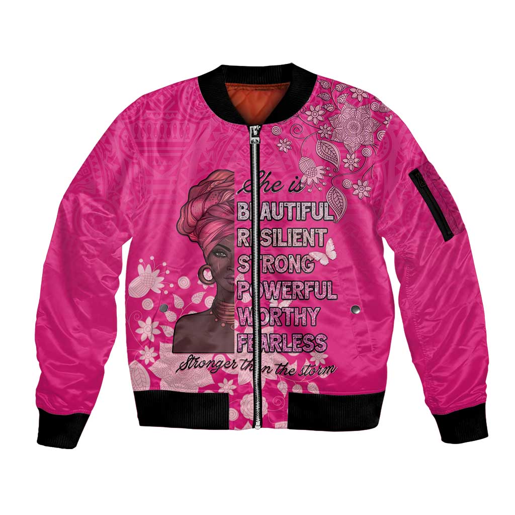 African Women Sleeve Zip Bomber Jacket Black Beautiful Brave and Bressed - Pink Color - Wonder Print Shop