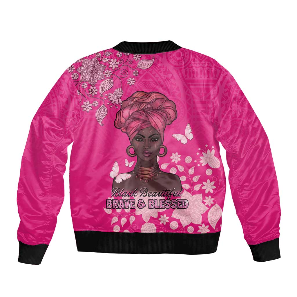 African Women Sleeve Zip Bomber Jacket Black Beautiful Brave and Bressed - Pink Color - Wonder Print Shop