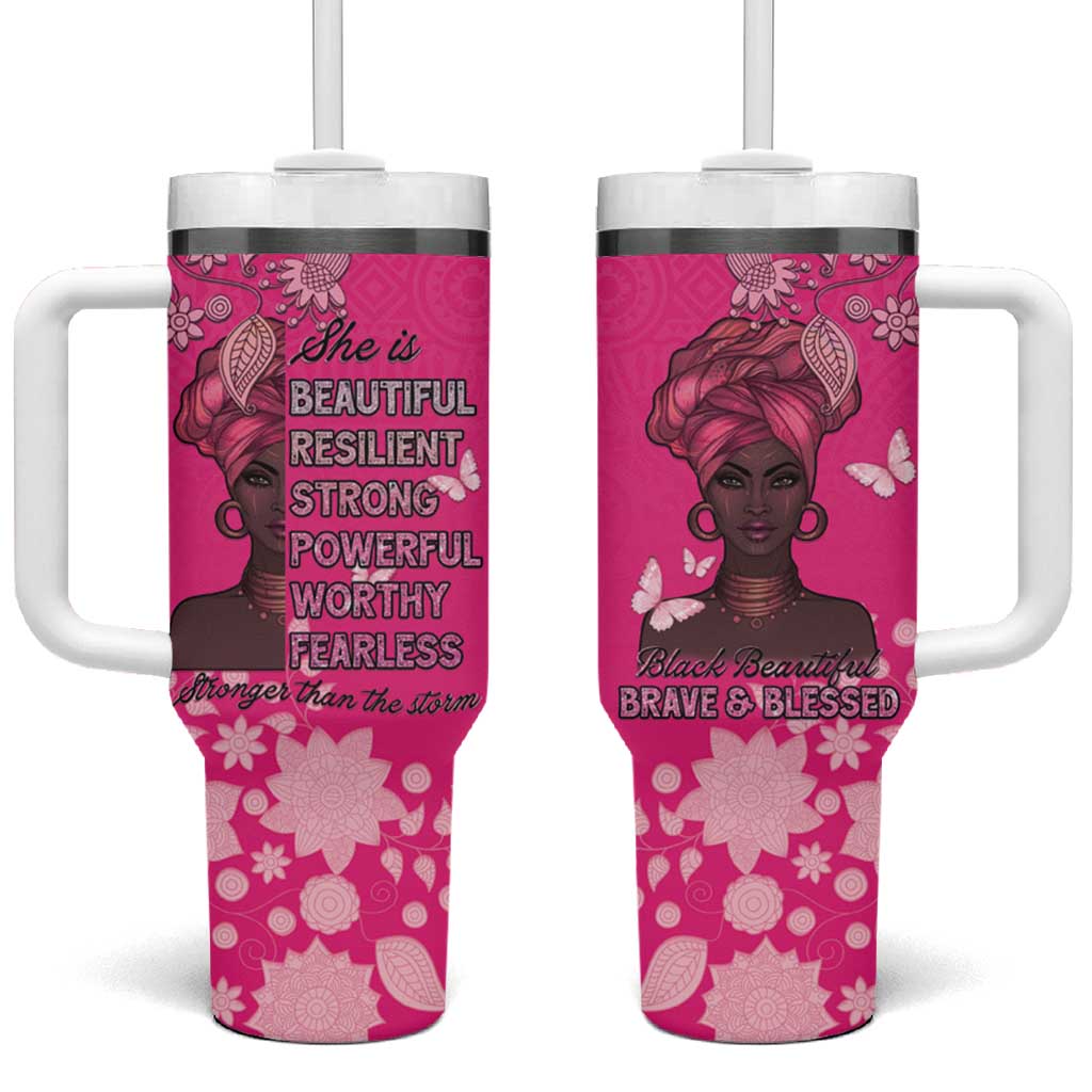African Women Tumbler With Handle Black Beautiful Brave and Bressed - Pink Color - Wonder Print Shop