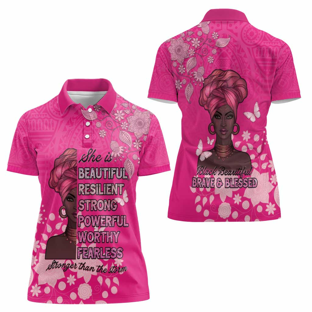 African Women Women Polo Shirt Black Beautiful Brave and Bressed - Pink Color - Wonder Print Shop