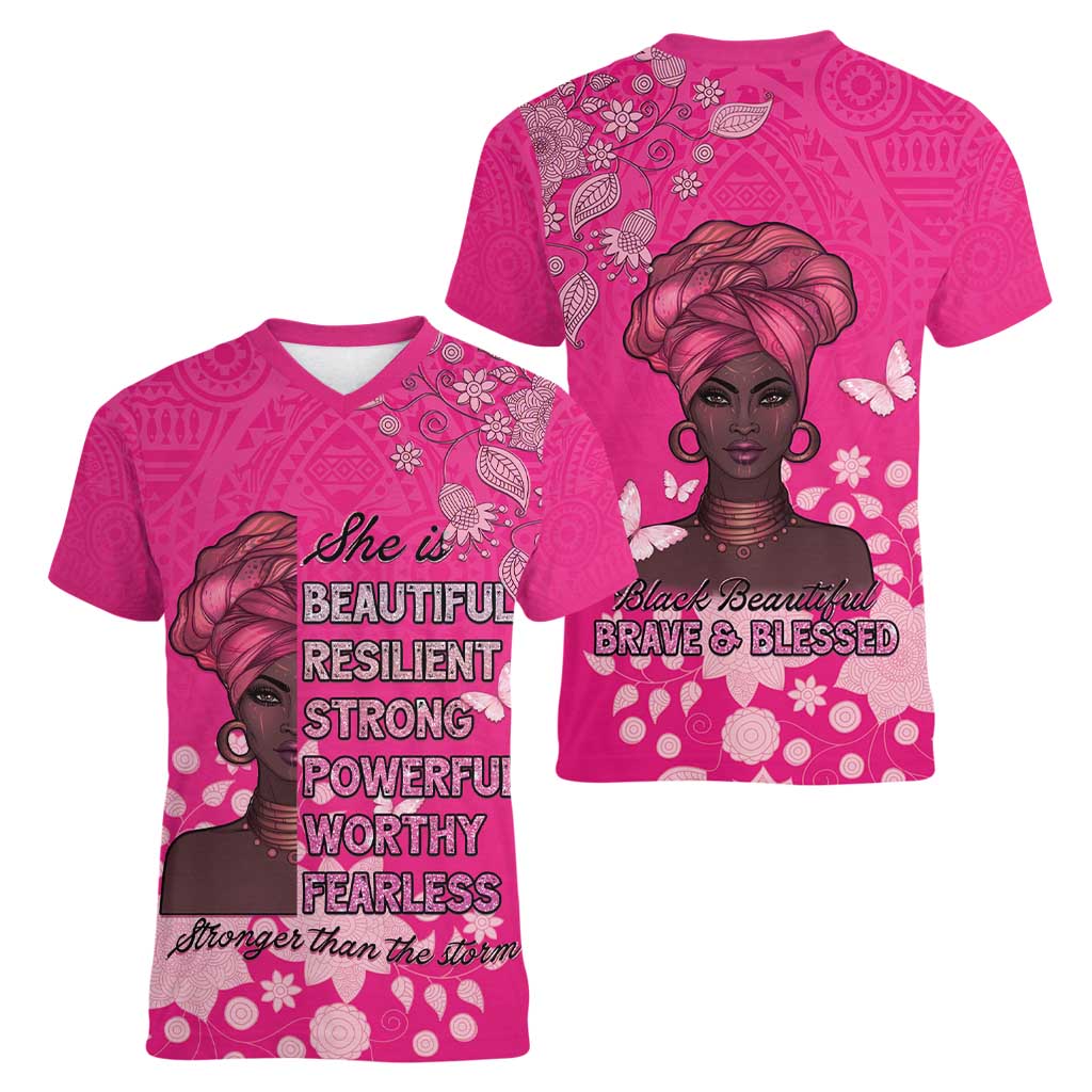 African Women Women V-Neck T-Shirt Black Beautiful Brave and Bressed - Pink Color - Wonder Print Shop